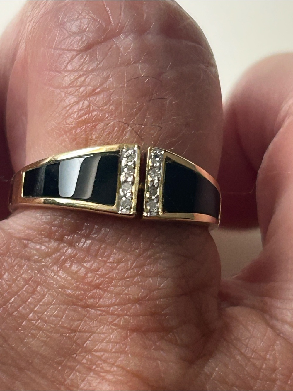 14K Gold Black Onyx Inlay Ring with Clear Accent Stones